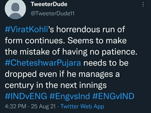 ಪೂಜಾರ ಮುಂದಿನ ಇನ್ನಿಂಗ್ಸ್‌ನಲ್ಲಿ ಶತಕ ಬಾರಿಸಿದರೂ ತಂಡದಿಂದ ಹೊರಗಿಡಿ ಎಂದ ನೆಟ್ಟಿಗ 