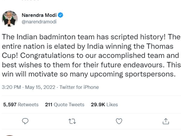 PM Narendra Modi and Others Congratulated to Indian Badminton Team That Won the Historic Thomas Cup