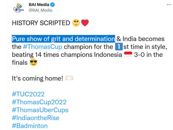 PM Narendra Modi and Others Congratulated to Indian Badminton Team That Won the Historic Thomas Cup