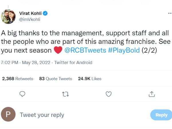 RCB Fans You Are Fantastic, See You In Next Season; Virat Kohlis Emotional Message