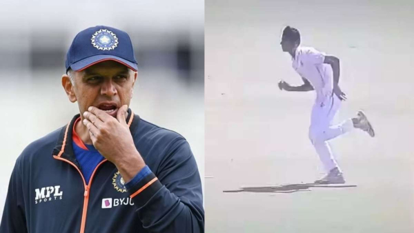 team india Coach Rahul Dravids son Samit Dravid bowls full throttle during U-19 Cooch Behar Trophy final