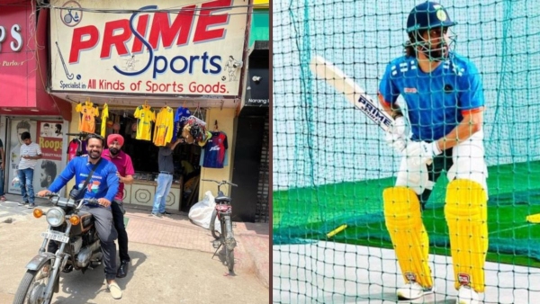 Mahendra Singh Dhoni uses bat with sticker of childhood friends sports shop 