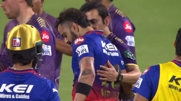 RCB vs KKR IPL 2024 Gautam Gambhir and Virat Kohli Hug Ending Any Talk of Rivalry