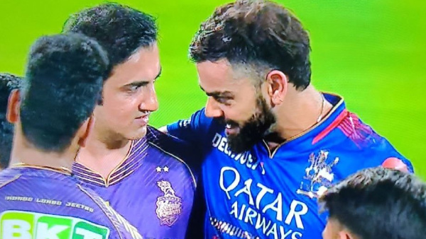 RCB vs KKR IPL 2024 Gautam Gambhir and Virat Kohli Hug Ending Any Talk of Rivalry