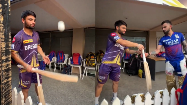 KKR vs RCB IPL 2024 Rinku Singh Breaks the bat Gifted by Virat Kohli Asks for Another Bat