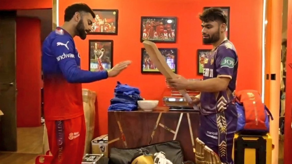 KKR vs RCB IPL 2024 Rinku Singh Breaks the bat Gifted by Virat Kohli Asks for Another Bat
