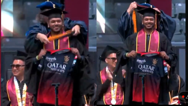 IPL 2024 A Student Displaying RCB Jersey At California University Convocation