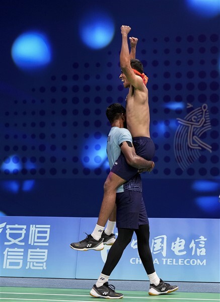 Chirag Shetty Celebrates His Win Against Korean Pair At The 19th Asian Games After Winning Men's Doubles Badminton