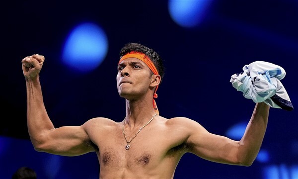 Chirag Shetty Celebrates His Win Against Korean Pair At The 19th Asian Games After Winning Men's Doubles Badminton
