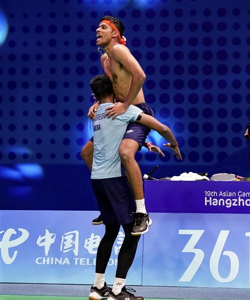 Chirag Shetty Celebrates His Win Against Korean Pair At The 19th Asian Games After Winning Men's Doubles Badminton