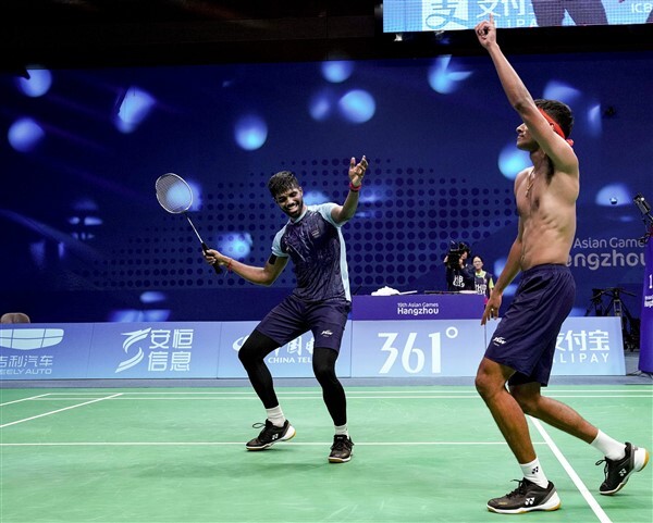 Chirag Shetty Celebrates His Win Against Korean Pair At The 19th Asian Games After Winning Men's Doubles Badminton