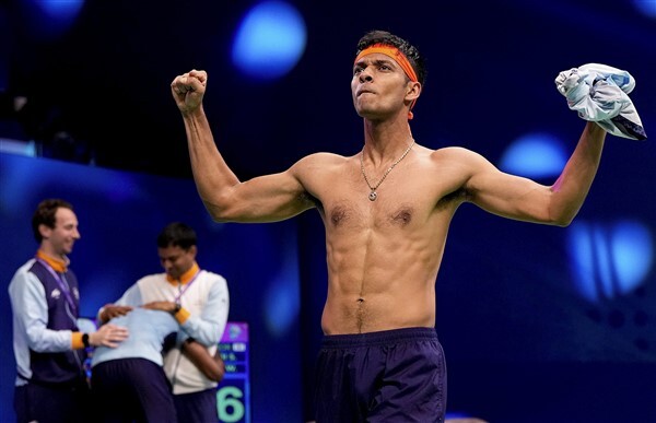 Chirag Shetty Celebrates His Win Against Korean Pair At The 19th Asian Games After Winning Men's Doubles Badminton