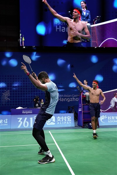 Chirag Shetty Celebrates His Win Against Korean Pair At The 19th Asian Games After Winning Men's Doubles Badminton