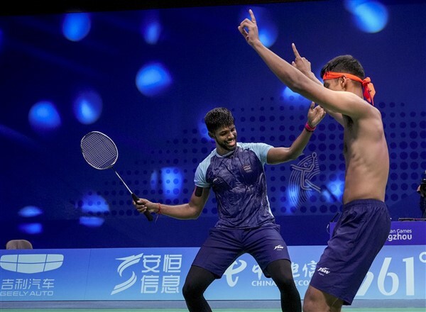 Chirag Shetty Celebrates His Win Against Korean Pair At The 19th Asian Games After Winning Men's Doubles Badminton