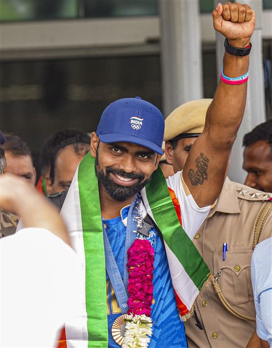 Paris Olympics Bronze medallist Indian Hockey player PR Sreejesh arrives at the Indira Gandhi International Airport