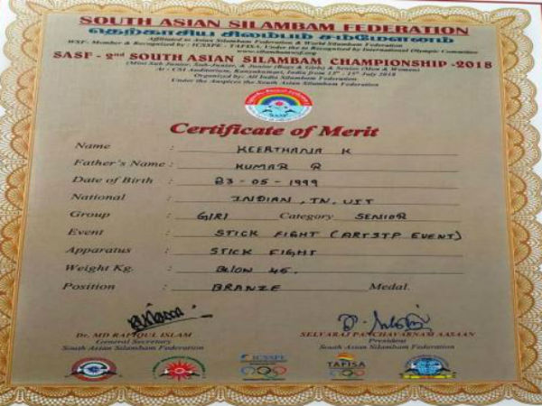 Erode girl Keerthana is struggling to pay fees to participate in Silambam world cup 2019