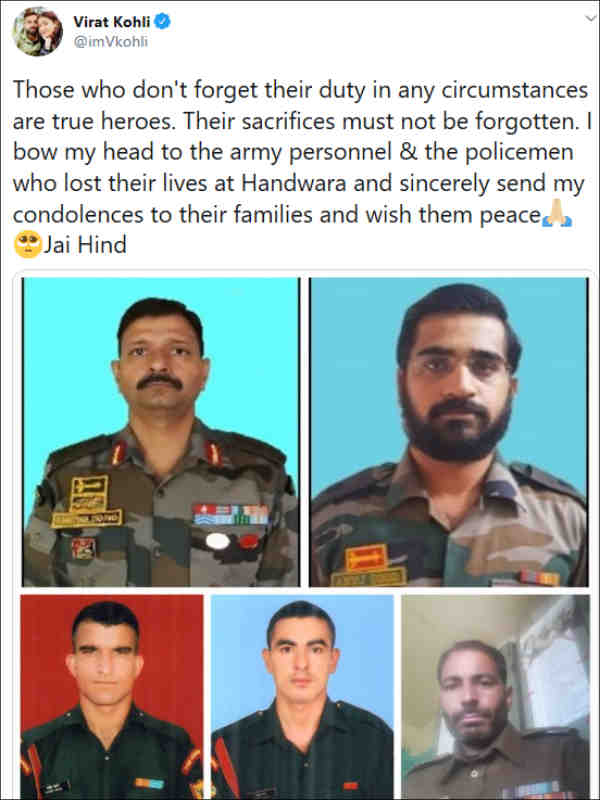 Virat Kohli pays tributes to 5 security personnel killed in Kashmir 