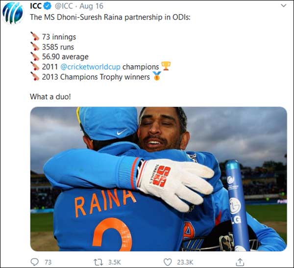 ICC Pays Tribute To MS Dhoni-Suresh Raina Partnership 