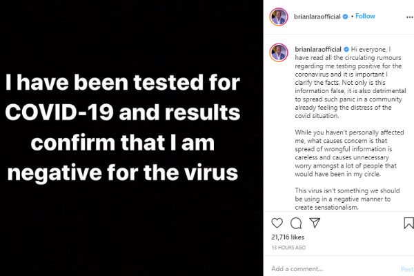 Brian Lara tests negative for COVID-19 