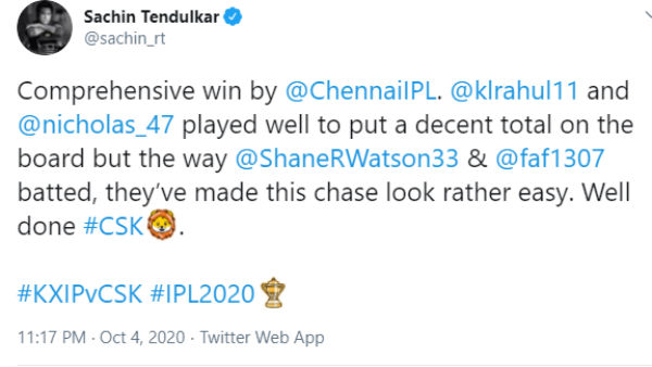 Sachin Tendulkar praises Watson, du Plessis on leading CSK to 10-wicket win 
