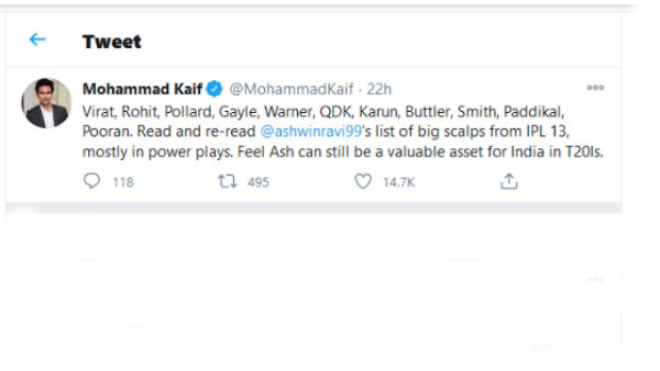 அஸ்வின் குறித்து கையிஃப் பாராட்டு 