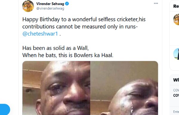 Wonderful, selfless cricketer: Sehwag wishes Pujara as batsman turns 33 