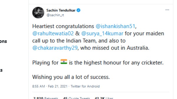 Playing for India is the highest honour: Sachin congratulates Suryakumar, Ishan, Tewatia on maiden call-up for T20Is 