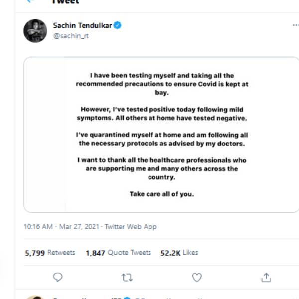 Indian Cricket Legend Sachin tendulkar Tested postive for COVID19 