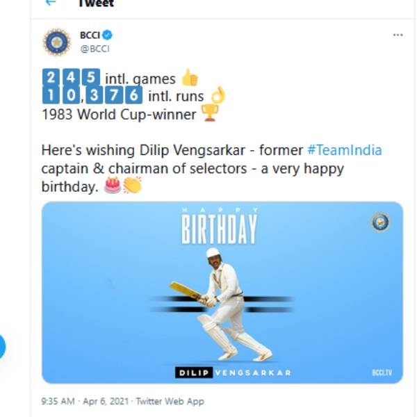 Former Team India captain & chairman of selectors Vengsarkar Birthday -BCCI wishes 