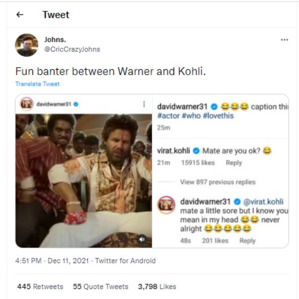 David Warner friendly banter wth Virat kohli regarding Pushpa