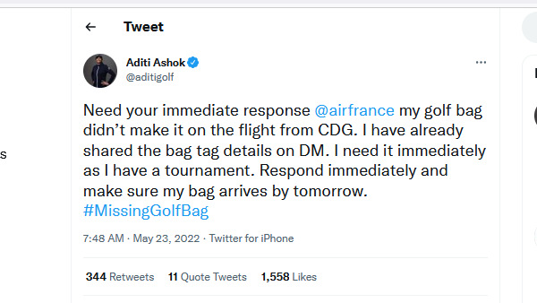 India Golf Player Aditi Ashok Golf Bag is missing in Air france
