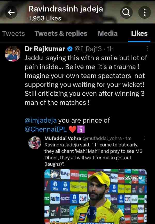 Ravindra jadeja like a controversial post about csk