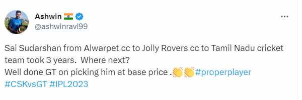 Indian Player Ravichandran Ashwin applauds for Sai Sudharsan batting in the IPL Finals 2023 against CSK 