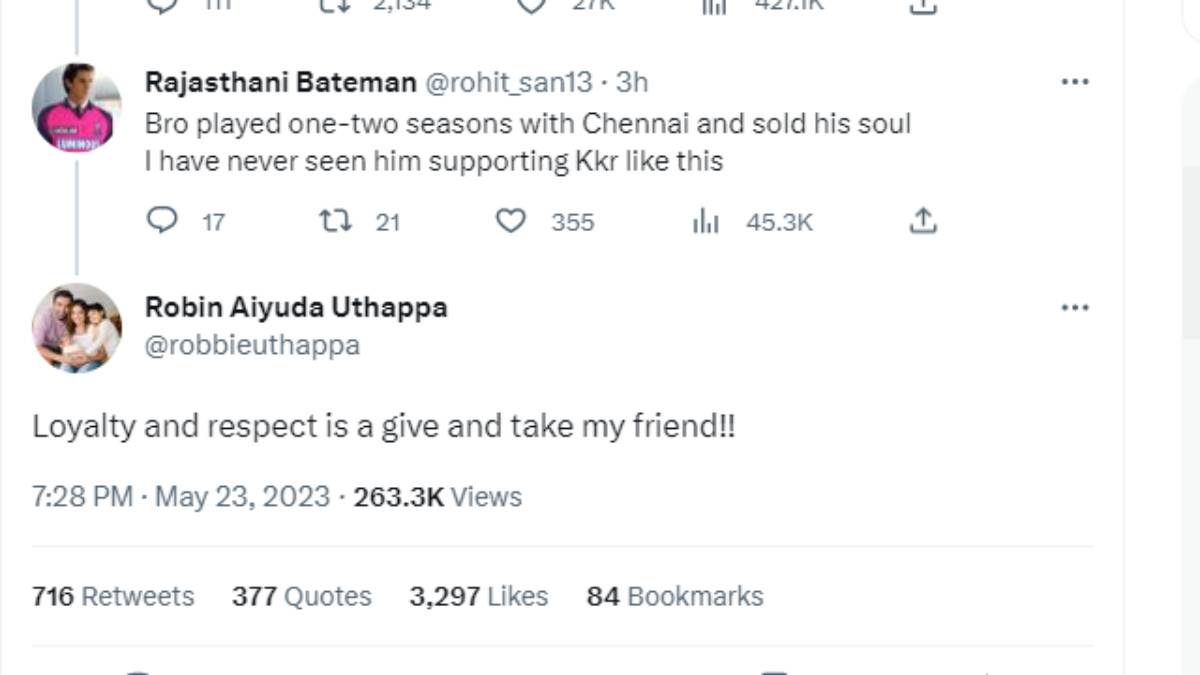 Loyalty and respect is a give and take my friend tweets Former CSK player Robin Uthappa 