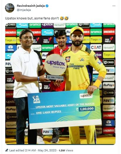 IPL 2023: Upstox knows but.. some fans don’t tweets Jadeja after getting MVP Player of the Match award in Qualifier 1 against GT 