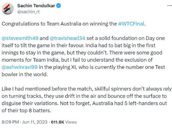 I fail to understand the exclusion of Ravichandran Ashwin in the playing XI WTC Final against Australia tweets Sachin Tendulkar 
