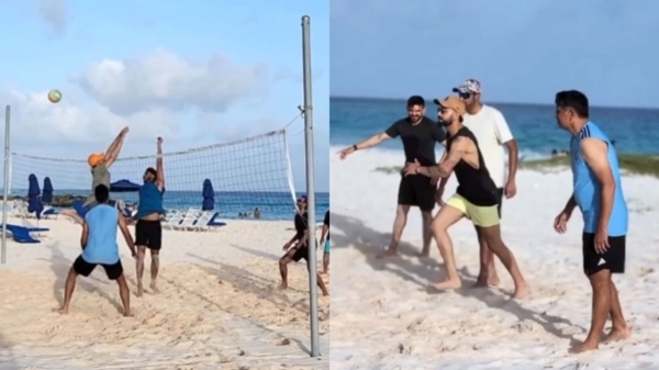 After Virat Kohli joined in the campl, Indian Cricket players playing beach volley ball in West Indies 