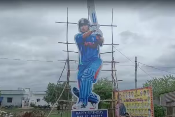 52 feet cut out of CSK Captain MS Dhoni in Hyderabad for his birthday celebration 