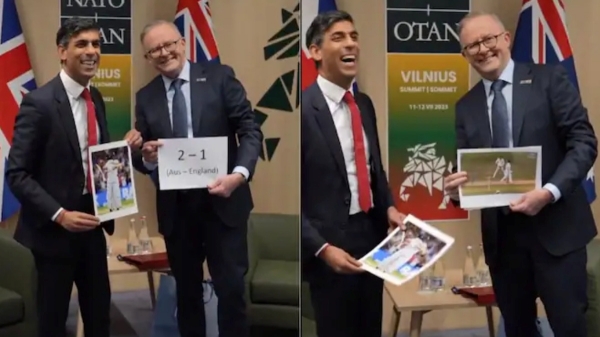 England Prime Minister Rishi Sunak and Australian Prime Minister Anthony Albanese jokes about Ashes during Nato summit 