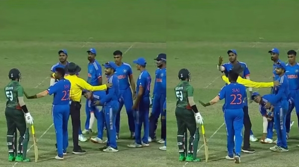 Fight between Soumya Sarkar and Harshit Rana during India A vs Ban A in the Semi final of emerging Asia Cup 