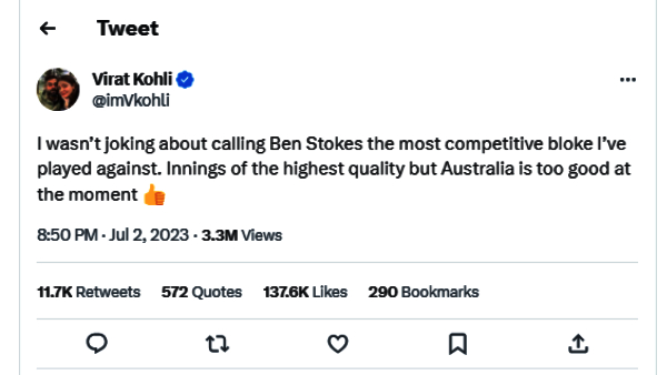 Ben Stokes is the Most competivive bloke i have played against in cricket says Virat Kohli 