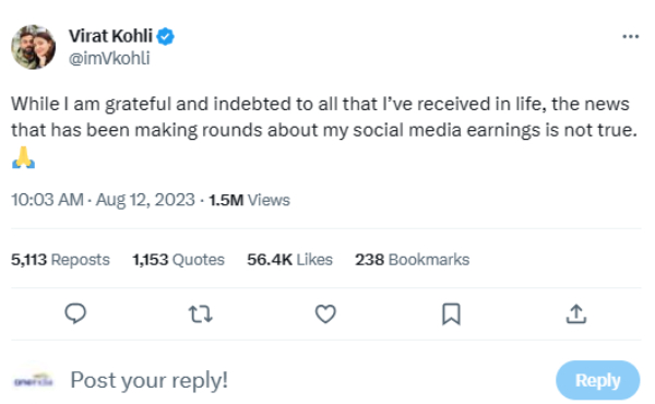 News around my social media earnings is not true tweets Virat Kohli