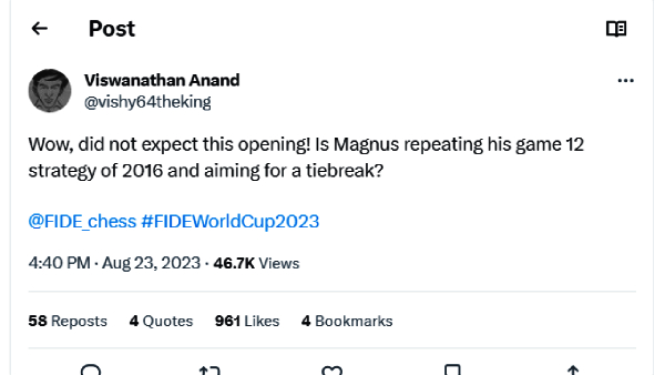 Indian GM Viswanathan Anand criticies Magnus Carlsen is aiming for a Tie Break 