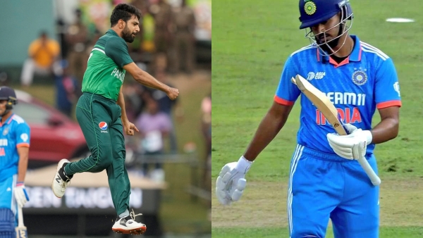 Shreyas iyer bat was broken by haris rauf fast bowling during ind vs pak 