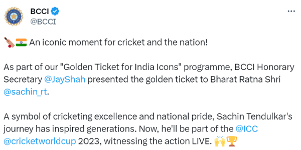ICC World cup 2023 - Sachin tendulkar received Golden ticket