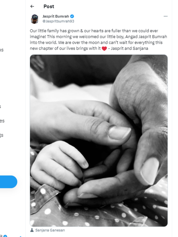 Jasprit bumrah announced his son birth with heartfelt message