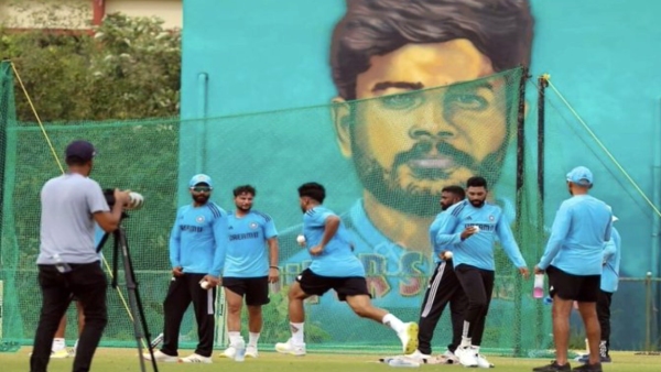 Sanju samson poster behind indian team practice session went viral