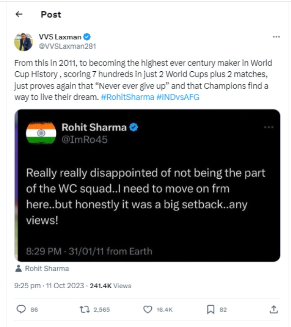 ICC ODI World cup 2023 : VVS Laxman recalls Rohit Sharmas 2011 tweet ICC ODI World cup 2023 : VVS Laxman recalls Rohit Sharmas 2011 tweet