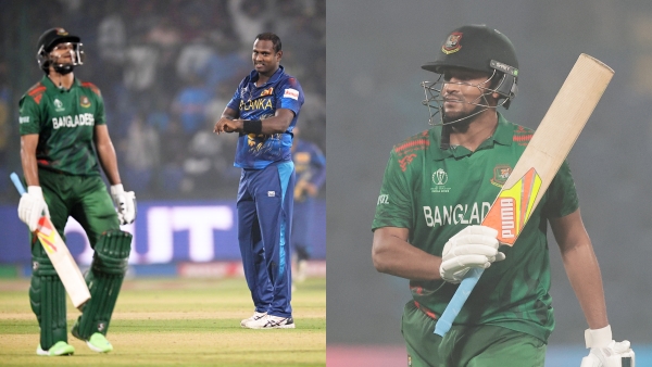 Angelo Mathews gives send off to Shakib al Hasan after taking his wicket