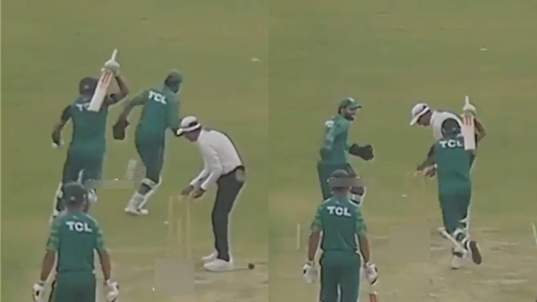 Pakistan cricketer Babar Azam tries to hit rizwan with a bat